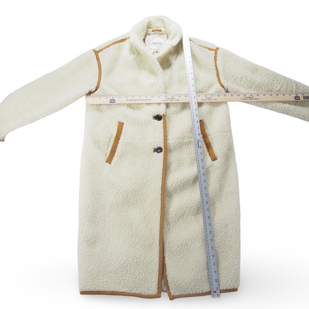 Madewell Sherpa Teddy Topcoat Women M Cream Tan Trim Button Front Long Jacket - Picture 7 of 9